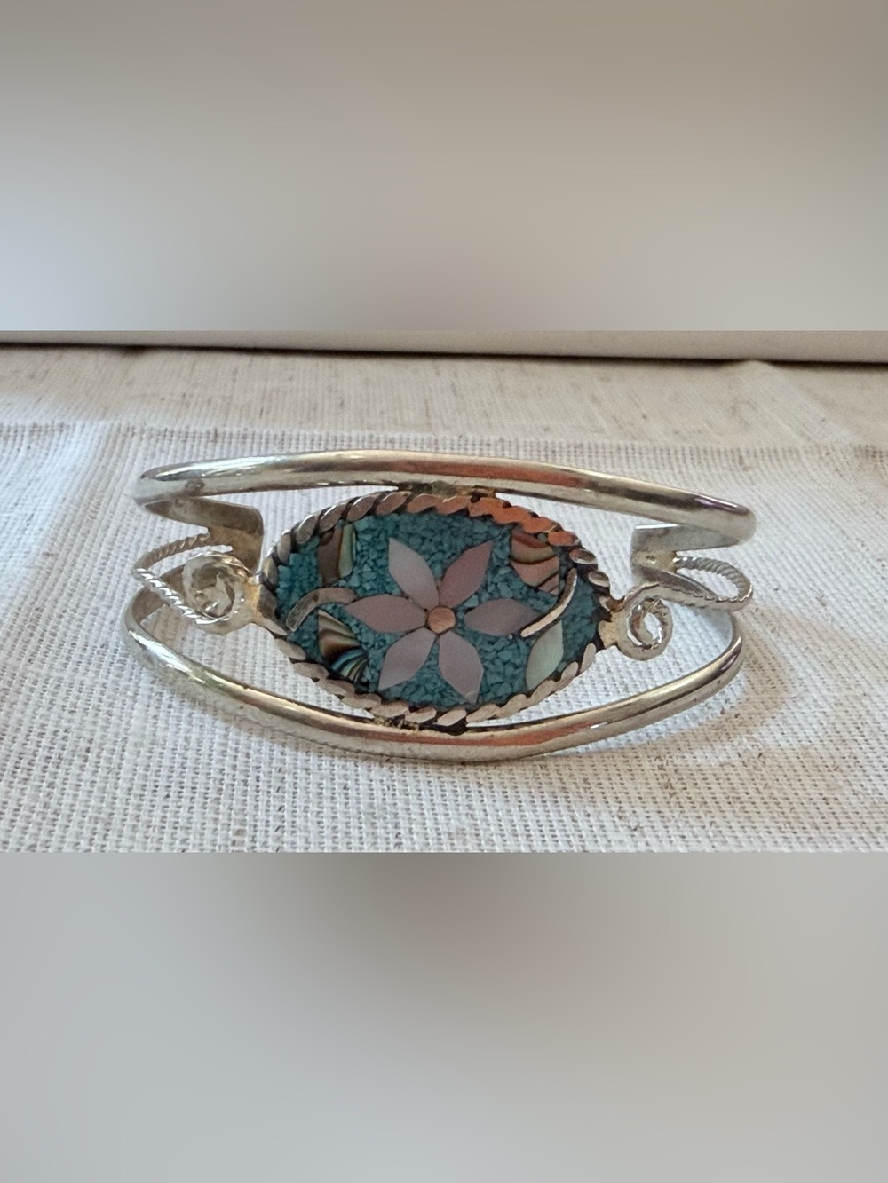 Vintage Mexican Alpaca Silver Inlay Flower Cuff Bracelet